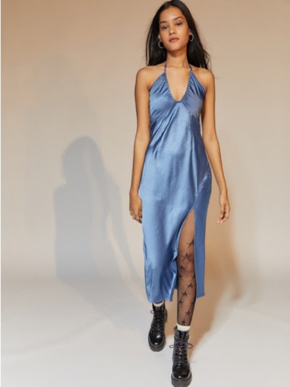 Satin Halter Midi Dress in Steel Blue